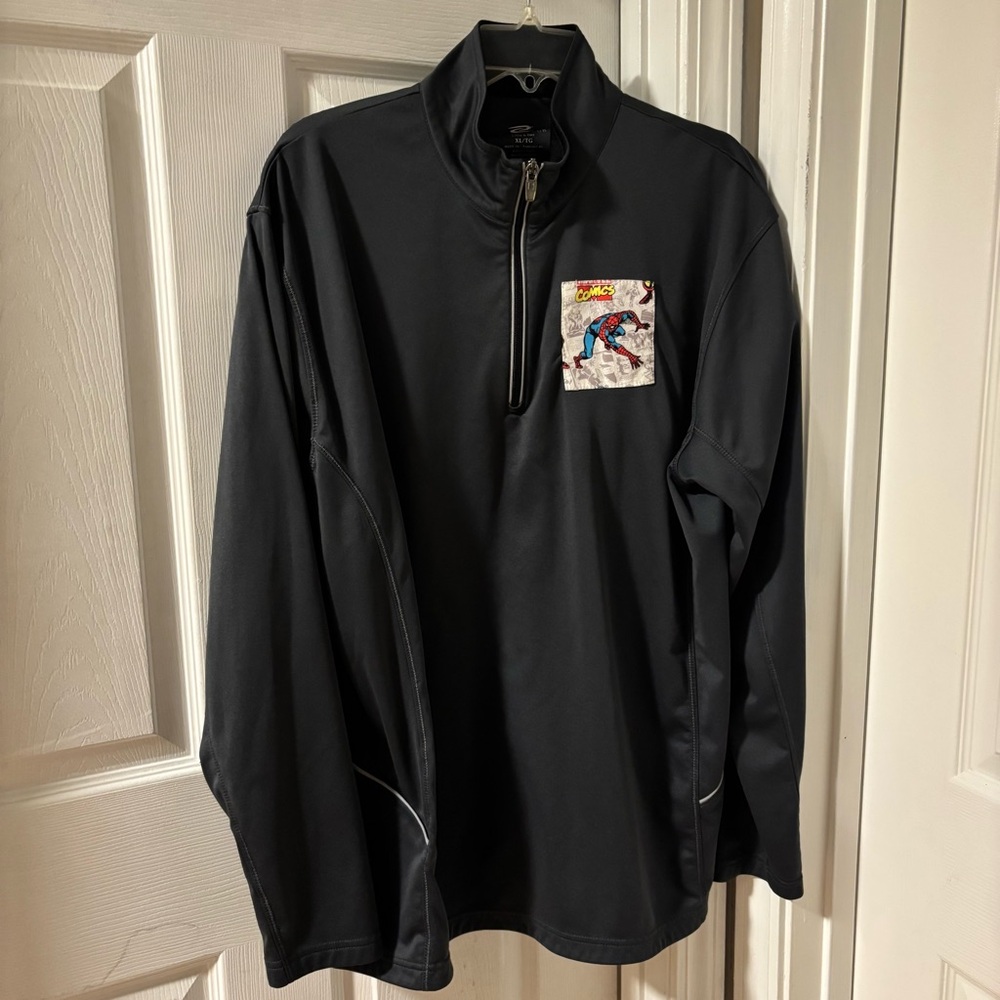 Men's  Vintage Black Quarter-Zip Jacket with Spider-Man Comics Patch Size XL